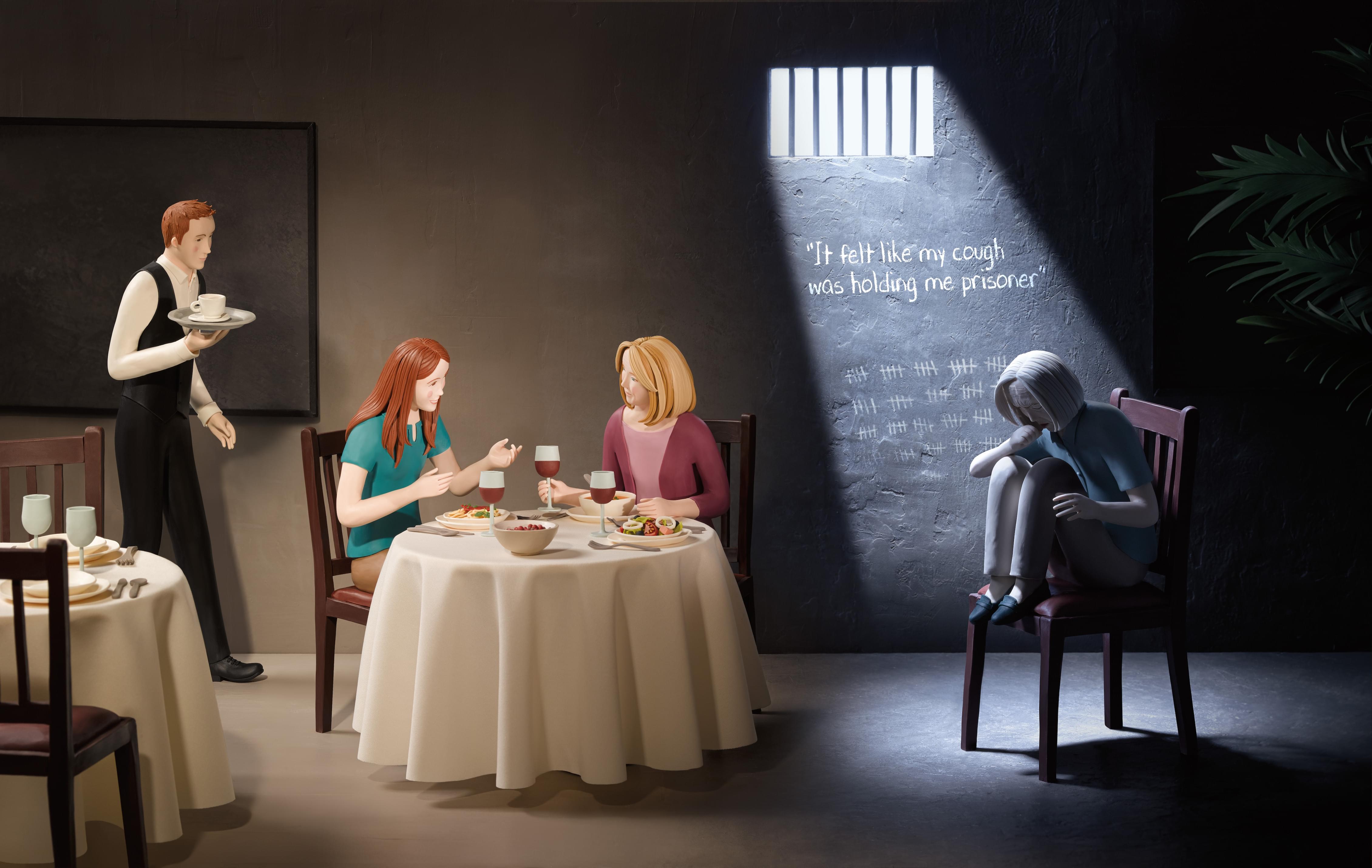 An illustration shows a patient in a restaurant. Her companions sit at a table, while she sits slightly separated from them. The background behind her changes from a restaurant to a jail cell. Light shines through a barred window onto her as she coughs. A quotation says: 'I felt like my cough was holding me prisoner.'