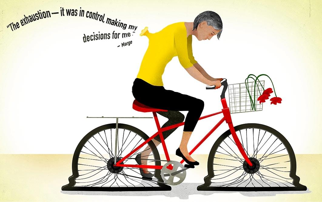 An illustration shows a patient riding a bike. She is bent over and her torso appears to be made out a balloon that is deflating. Flowers in her basket are also bent and drooping. A quotation says: 'The exhaustion—it was in control, making my decisions for me.'