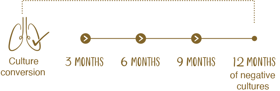 A treatment timeline depicts 5 time points: culture conversion, 3 months, 6 months, 9 months, 12 months of negative cultures. Above the timeline, a banner says 'Maintain treatment for 12 months of negative culture post conversion'