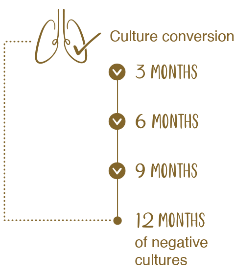 A treatment timeline depicts 5 time points: culture conversion, 3 months, 6 months, 9 months, 12 months of negative cultures. Above the timeline, a banner says 'Maintain treatment for 12 months of negative culture post conversion'